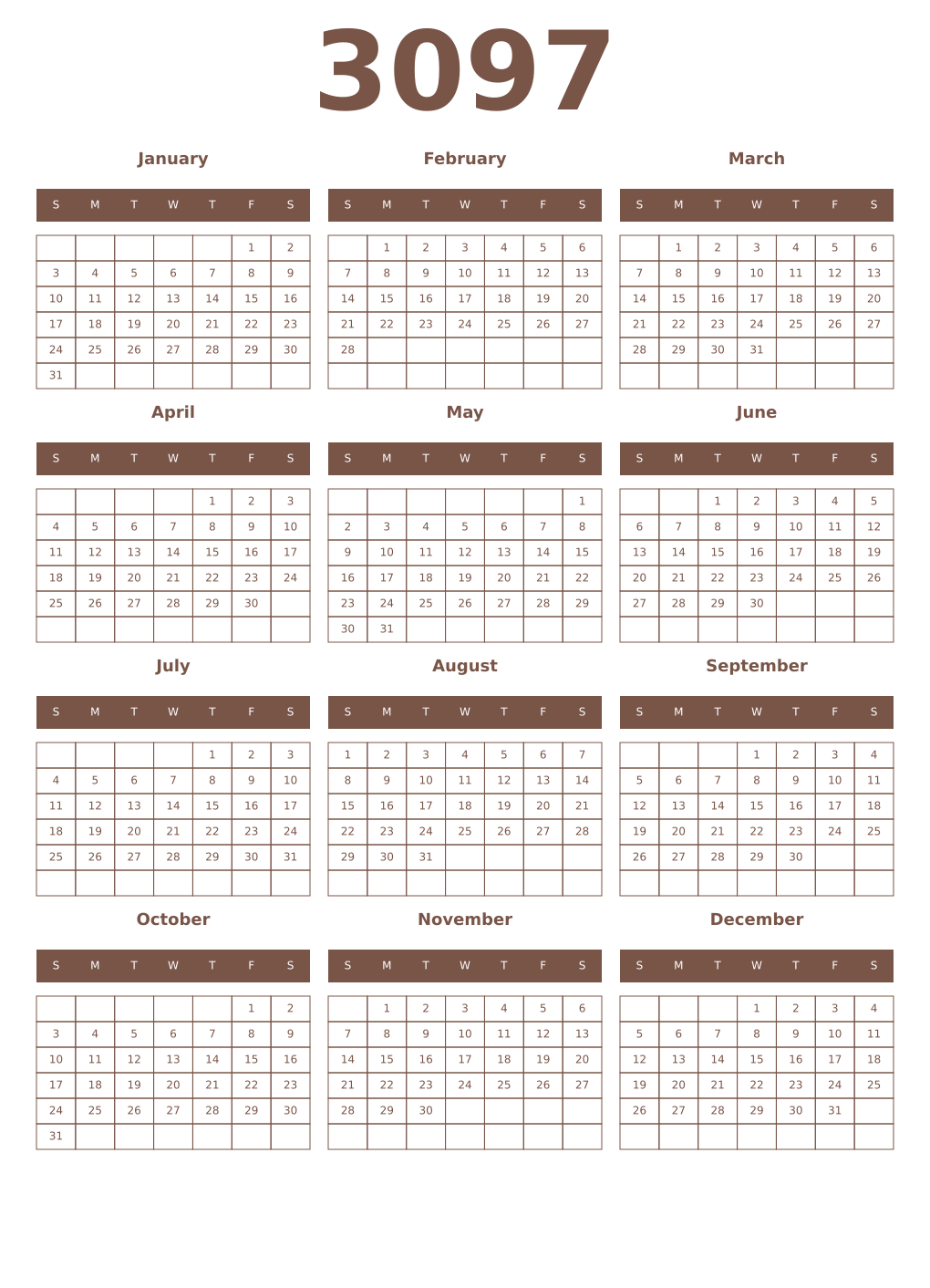 Printable 3097 Year Calendars coffe
