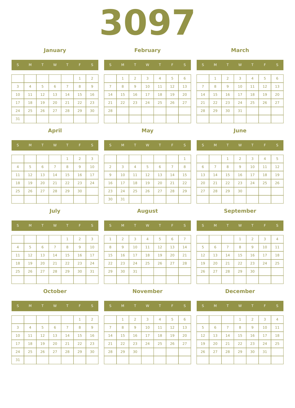 Printable 3097 Year Calendars eburnean