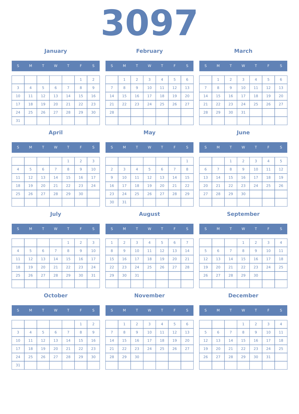 Printable 3097 Year Calendars glaucous