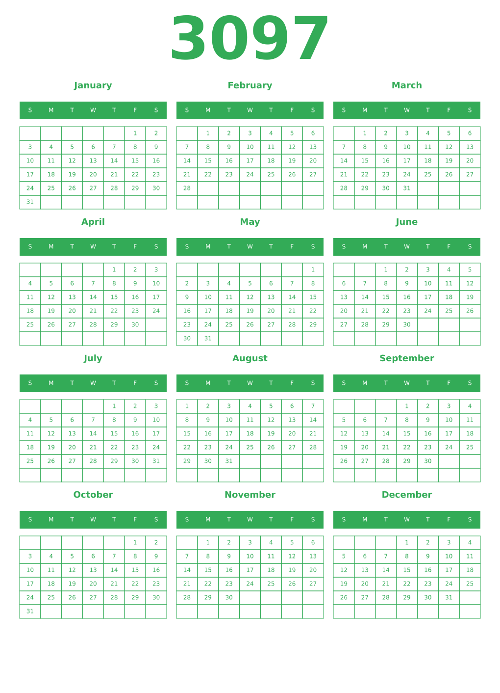 Printable 3097 Year Calendars green