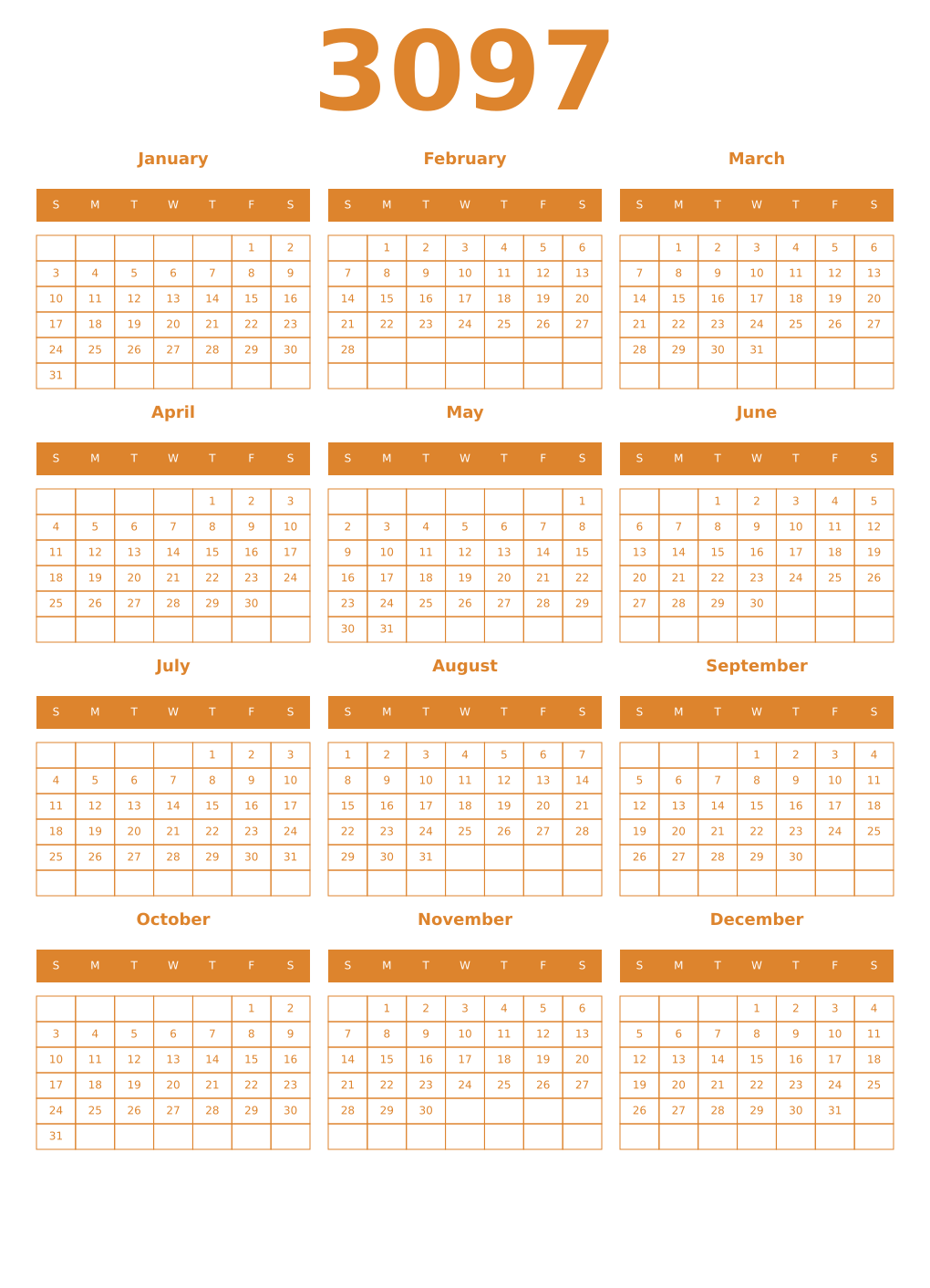 Printable 3097 Year Calendars orange