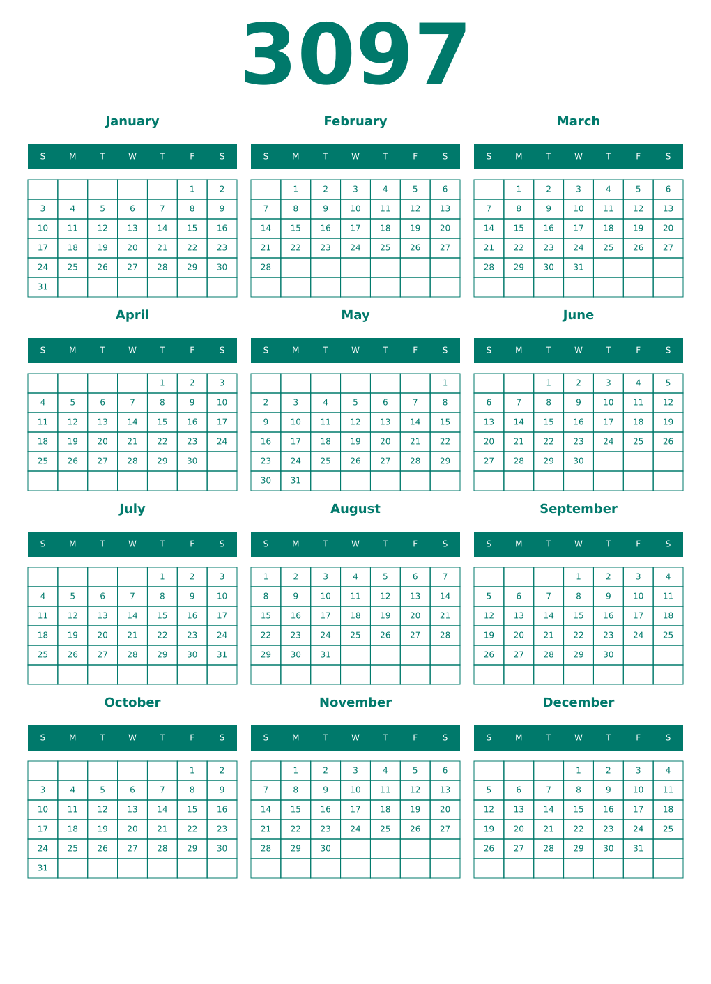 Printable 3097 Year Calendars pastel