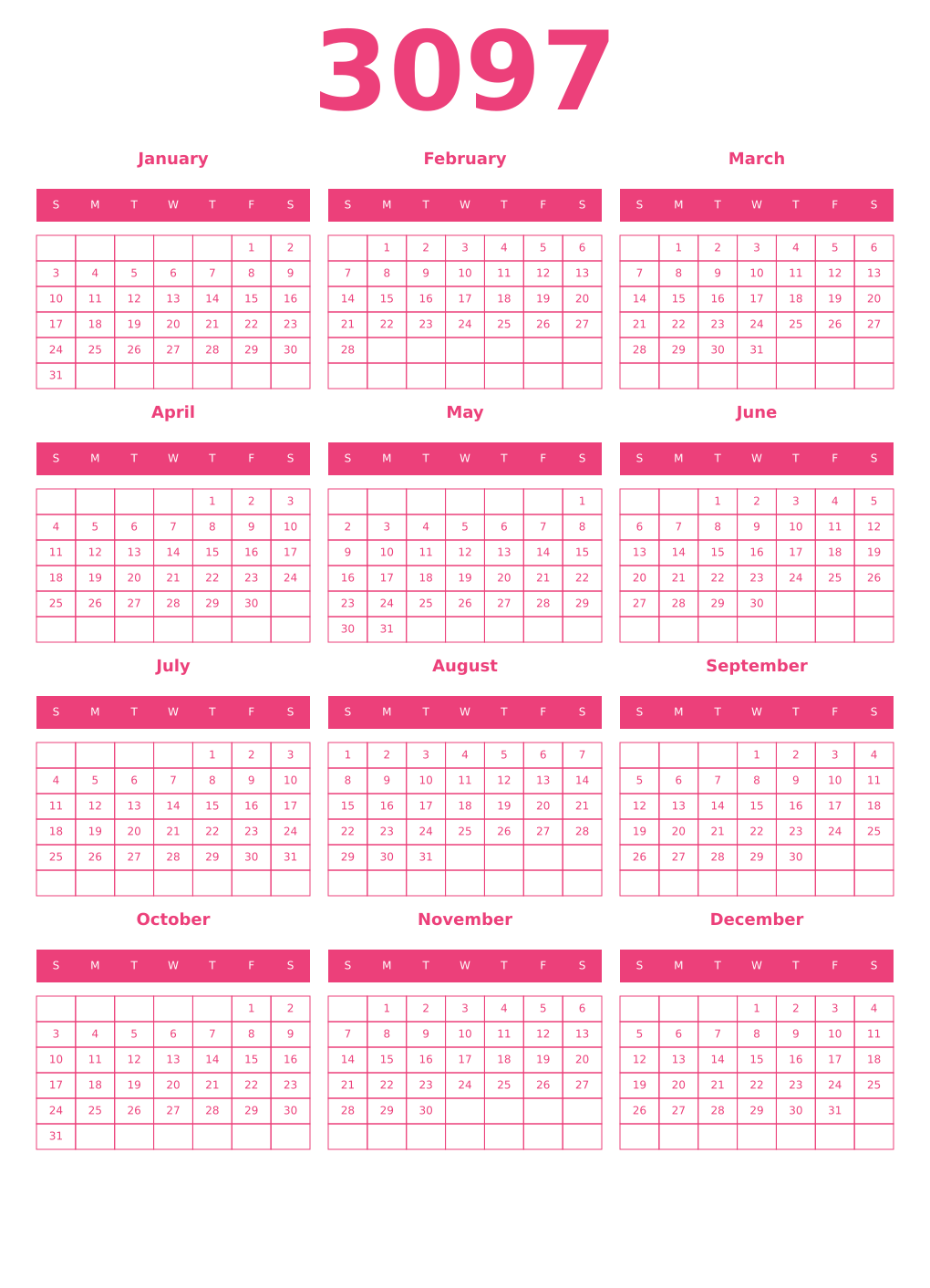 Printable 3097 Year Calendars pink