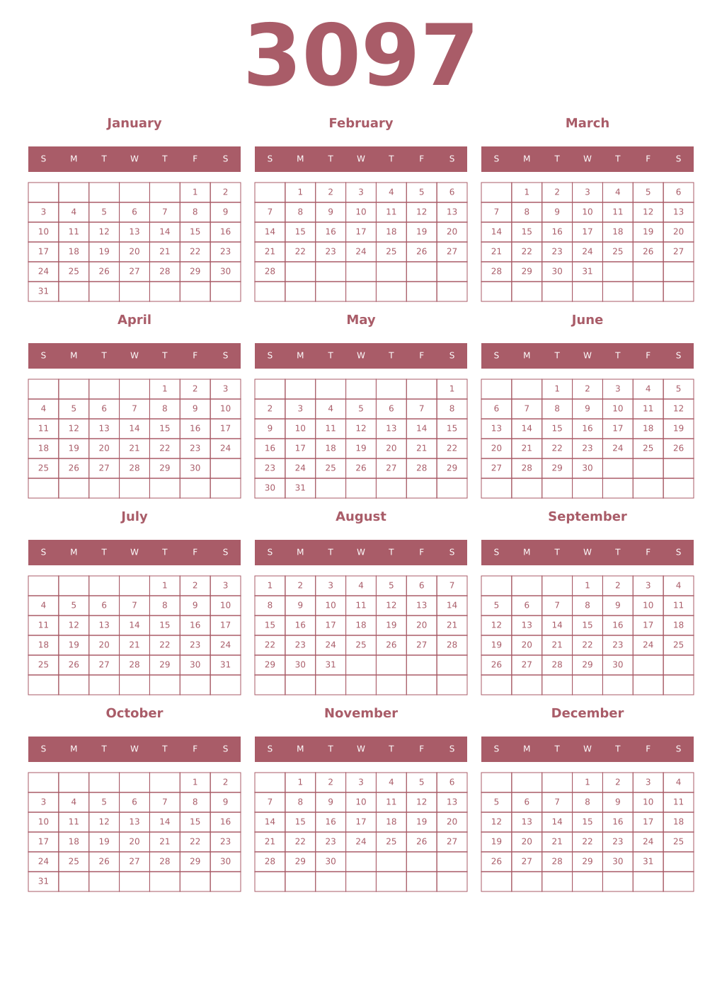 Printable 3097 Year Calendars puce
