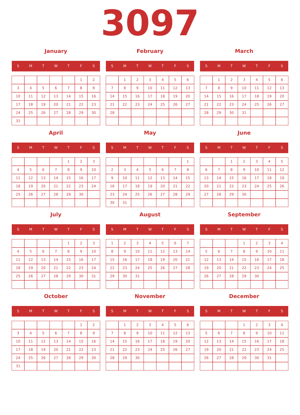 Printable 3097 Year Calendars red