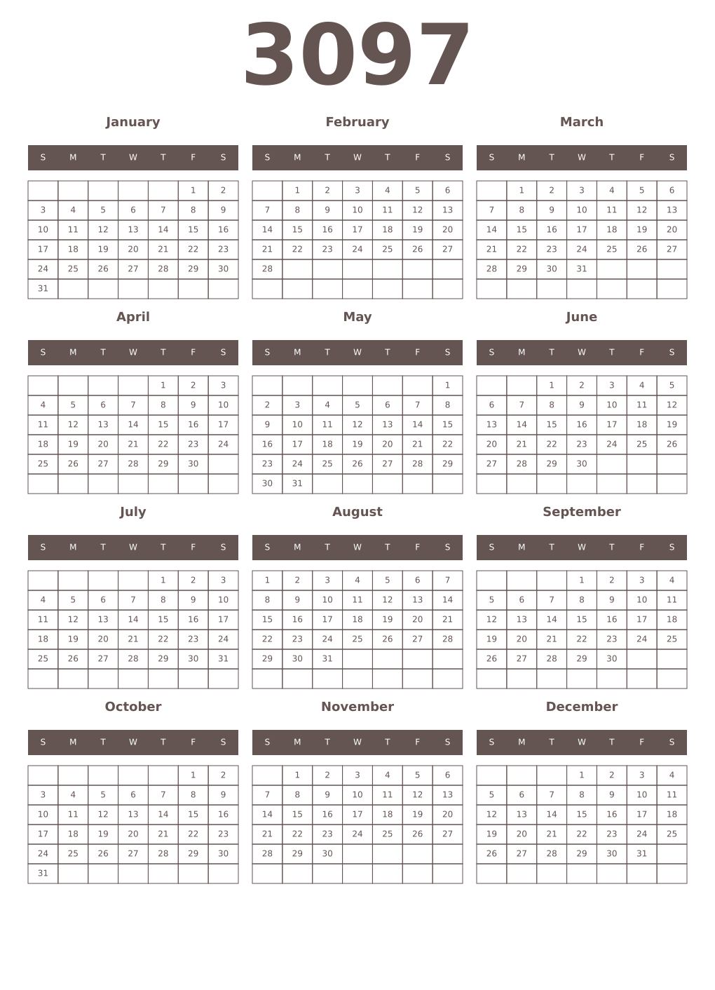 Printable 3097 Year Calendars wenge