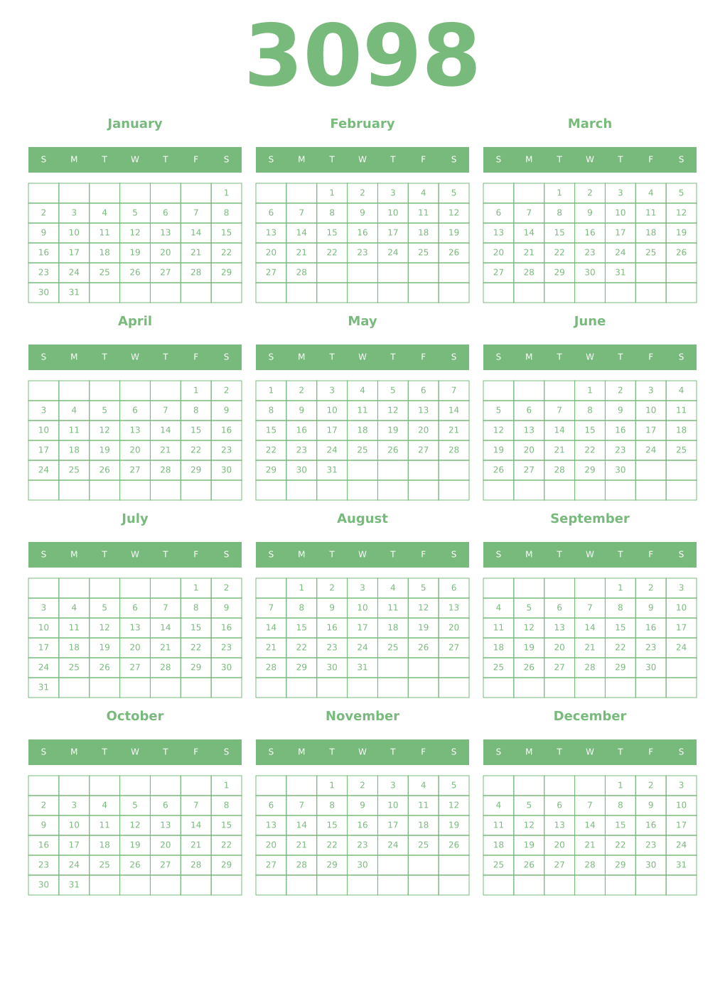 Printable 3098 Year Calendars celadon