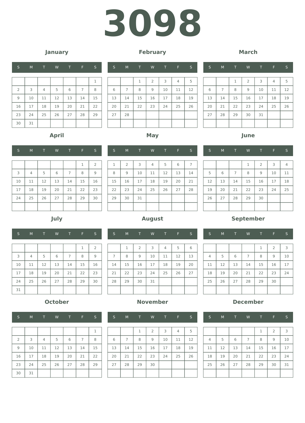 Printable 3098 Year Calendars feldgrau
