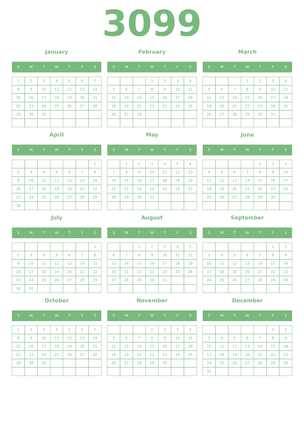 Printable 3099 Year Calendars celadon