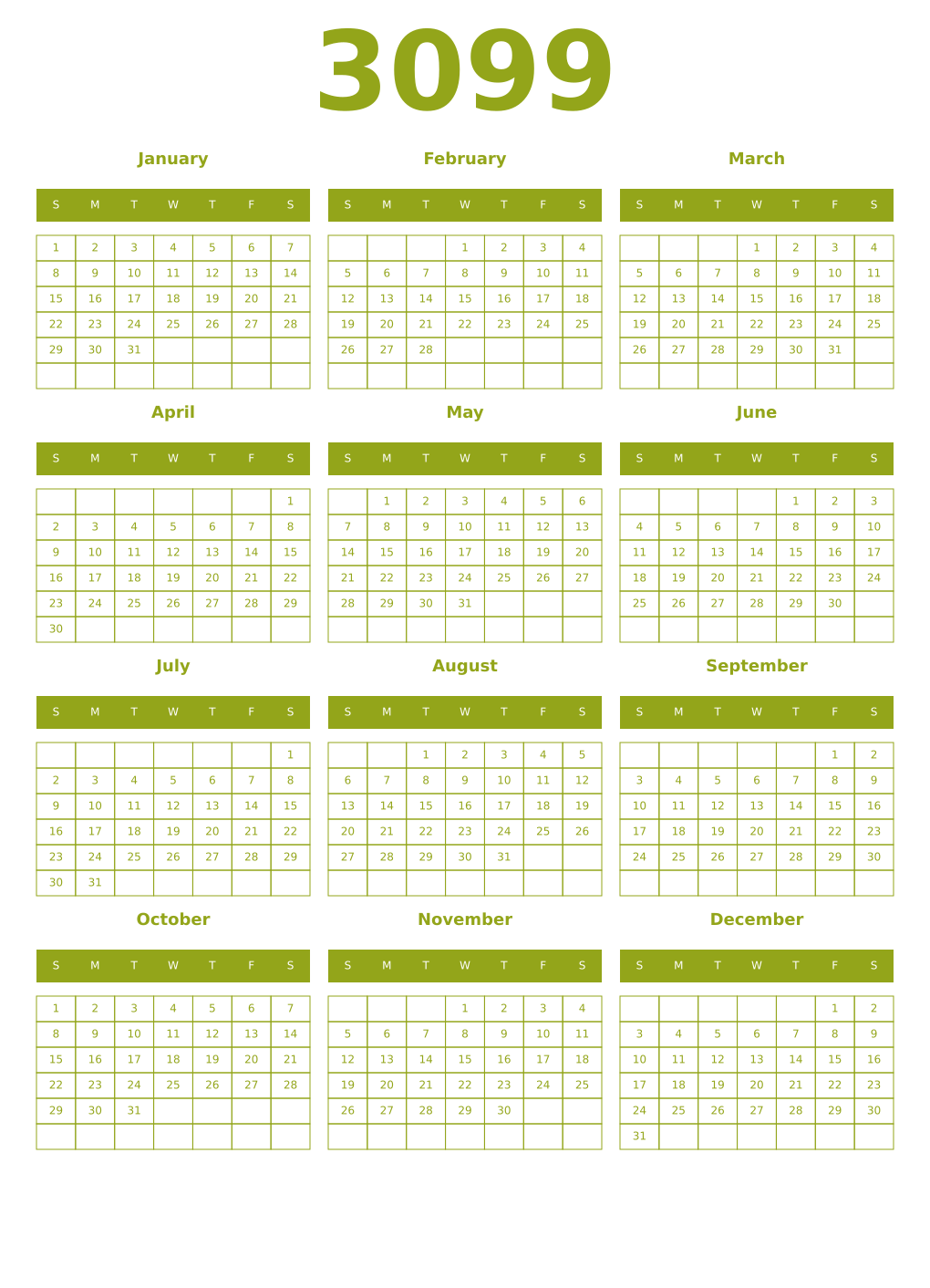 Printable 3099 Year Calendars chartreuse