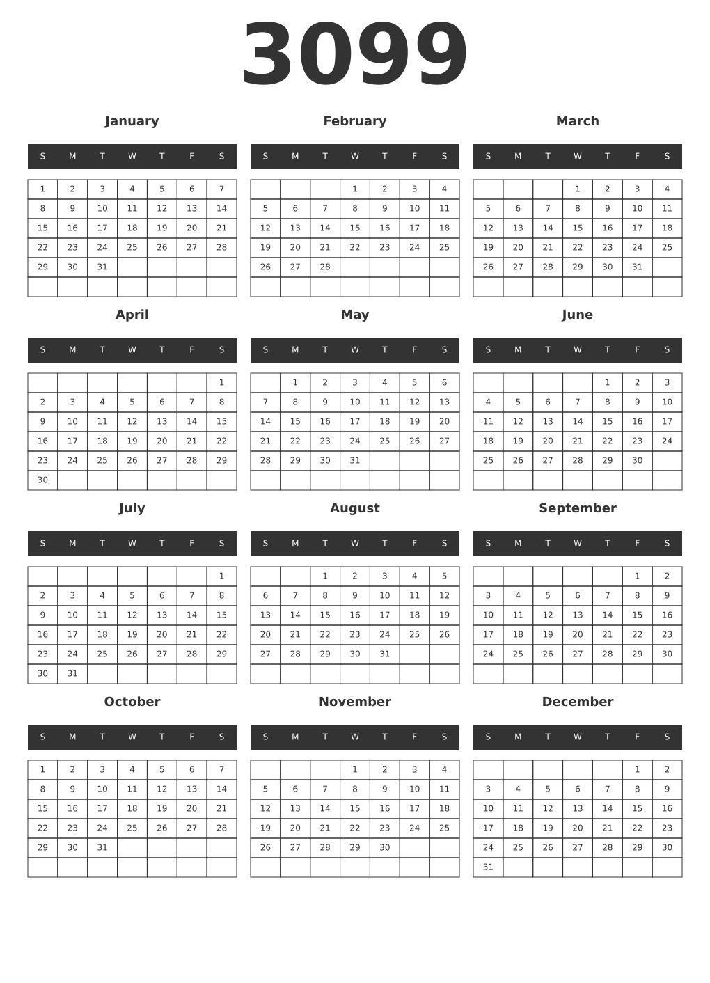 Printable 3099 Year Calendars dark