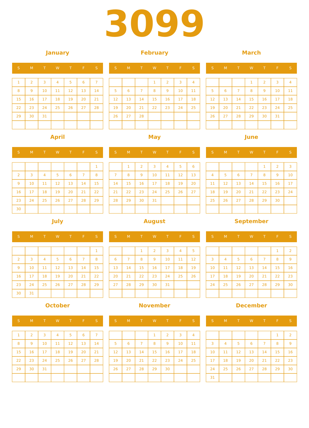 Printable 3099 Year Calendars gamboge
