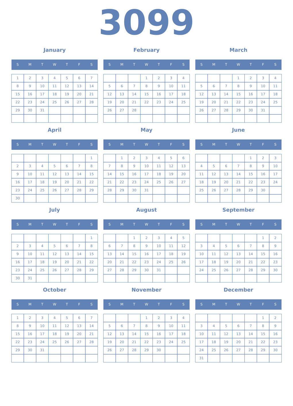 Printable 3099 Year Calendars glaucous