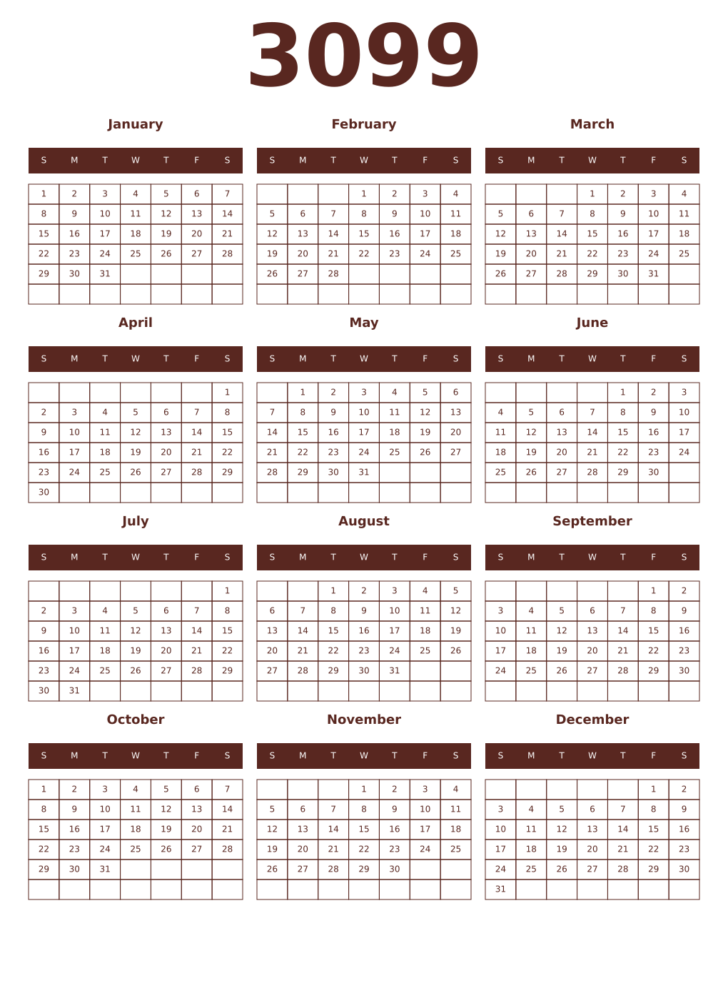 Printable 3099 Year Calendars mortuum