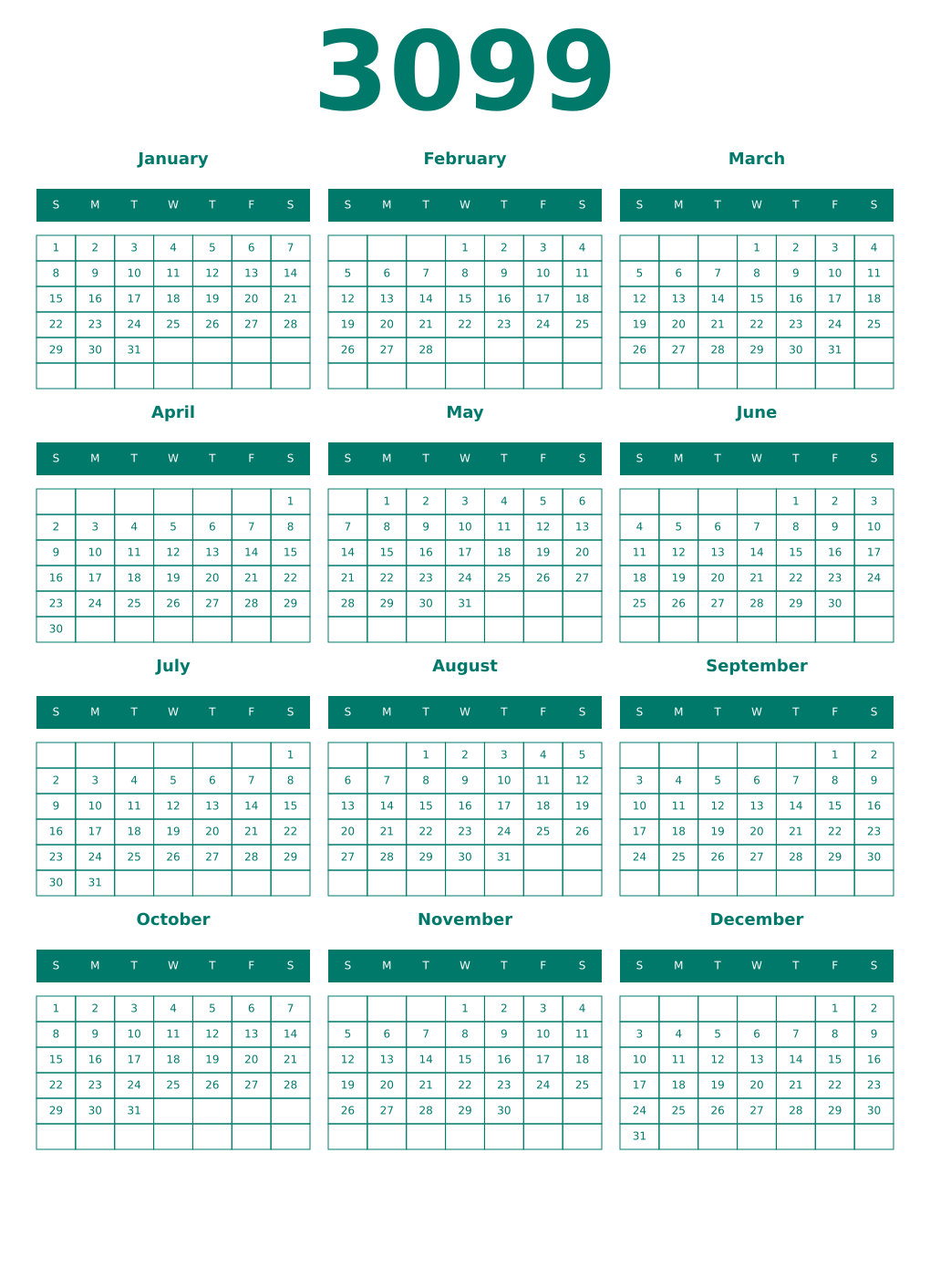 Printable 3099 Year Calendars pastel
