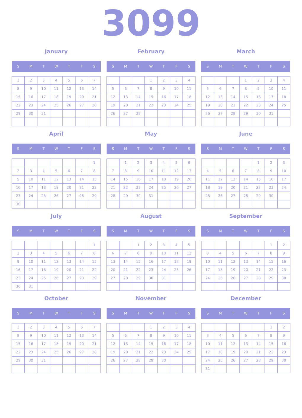 Printable 3099 Year Calendars periwinkle