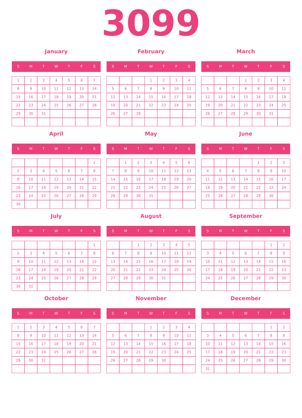 Printable 3099 Year Calendars pink