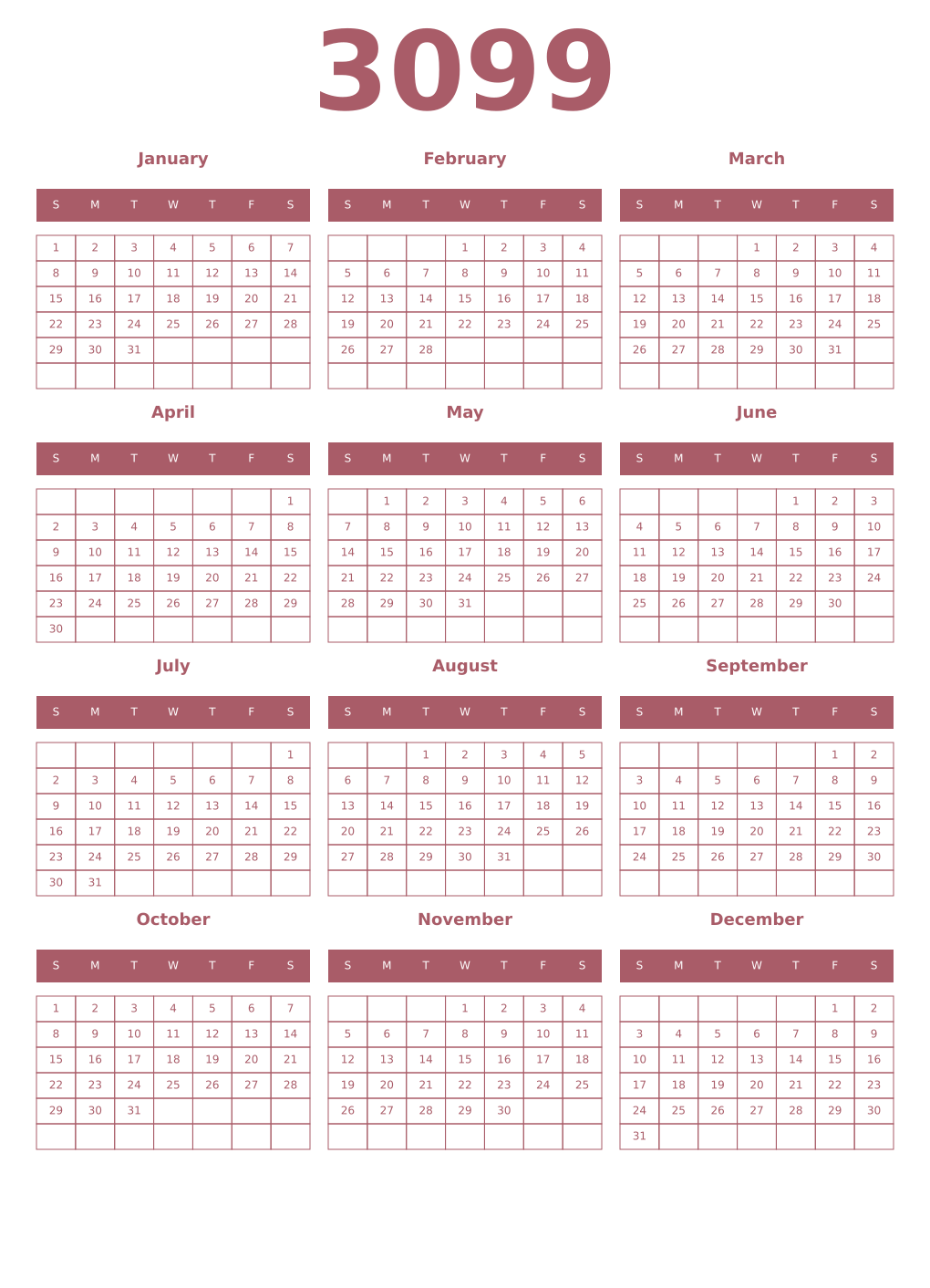 Printable 3099 Year Calendars puce