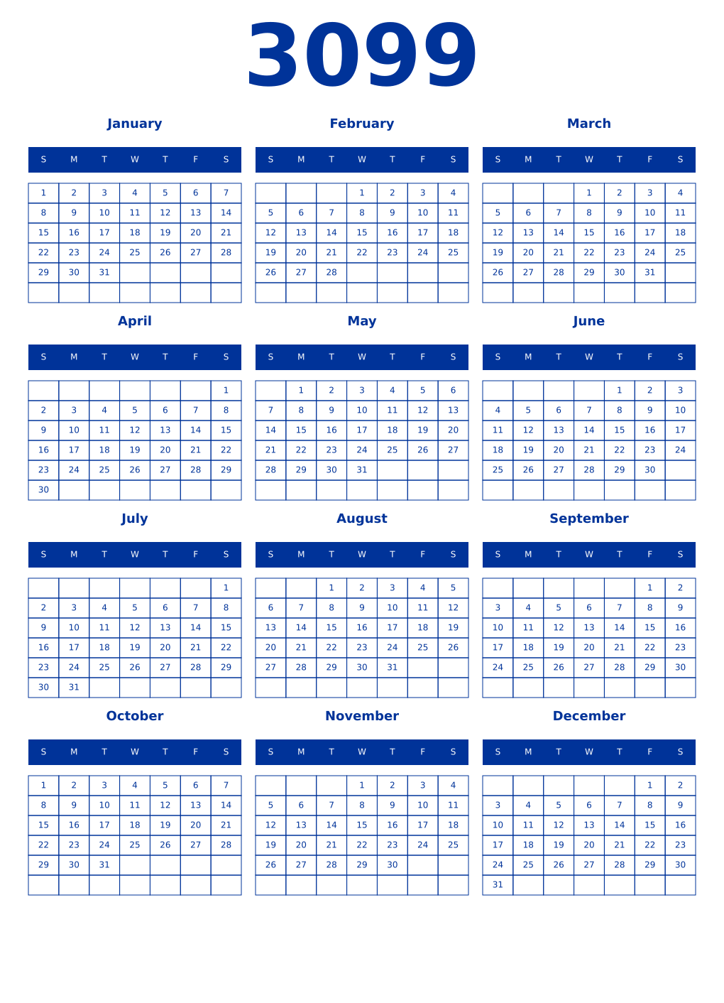 Printable 3099 Year Calendars smalt