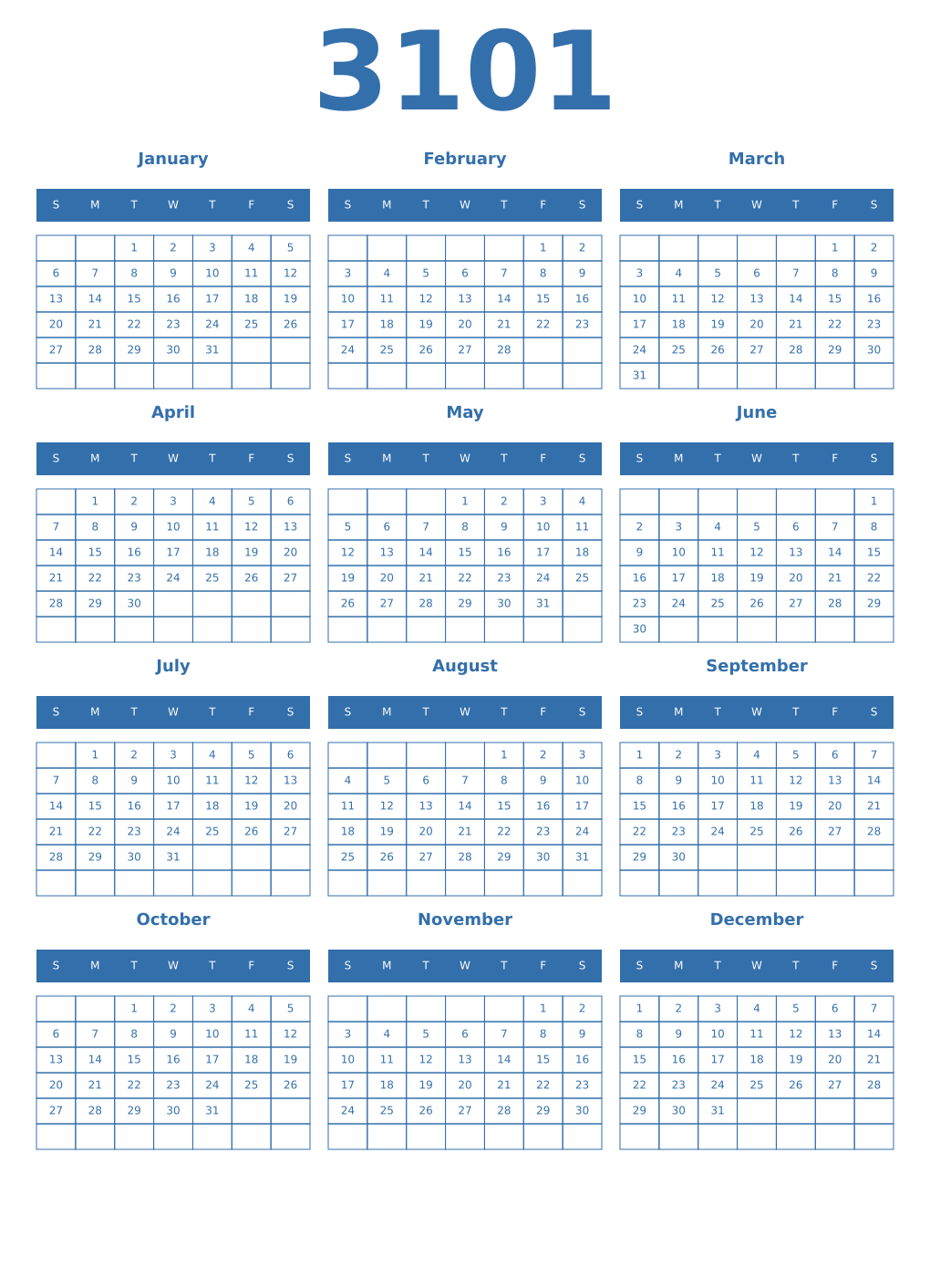 Printable 3101 Year Calendars blue