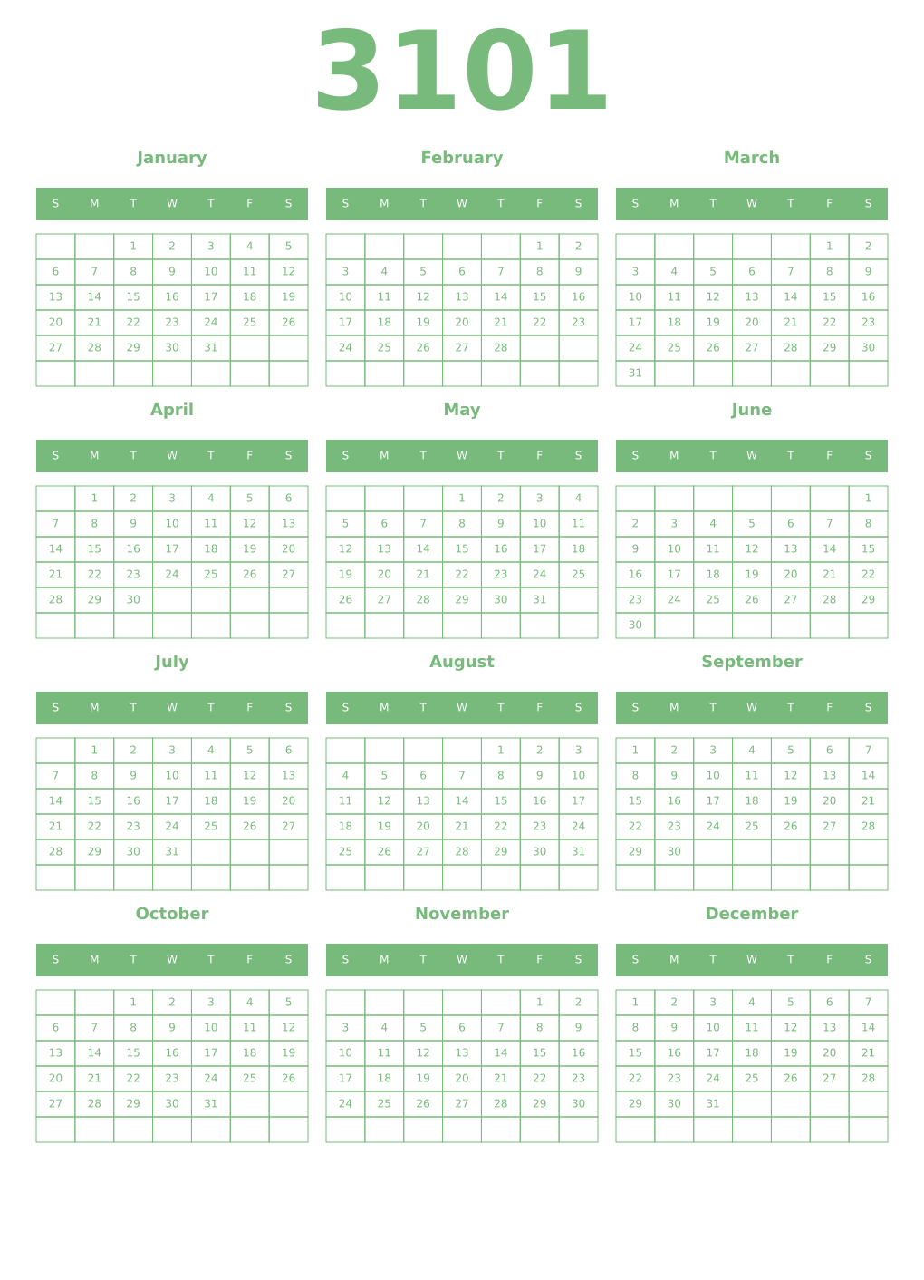 Printable 3101 Year Calendars celadon