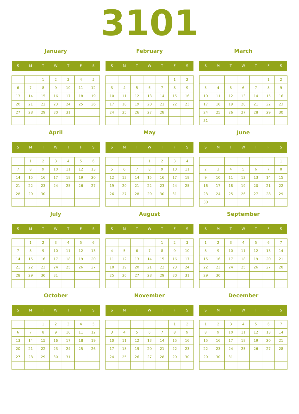 Printable 3101 Year Calendars chartreuse