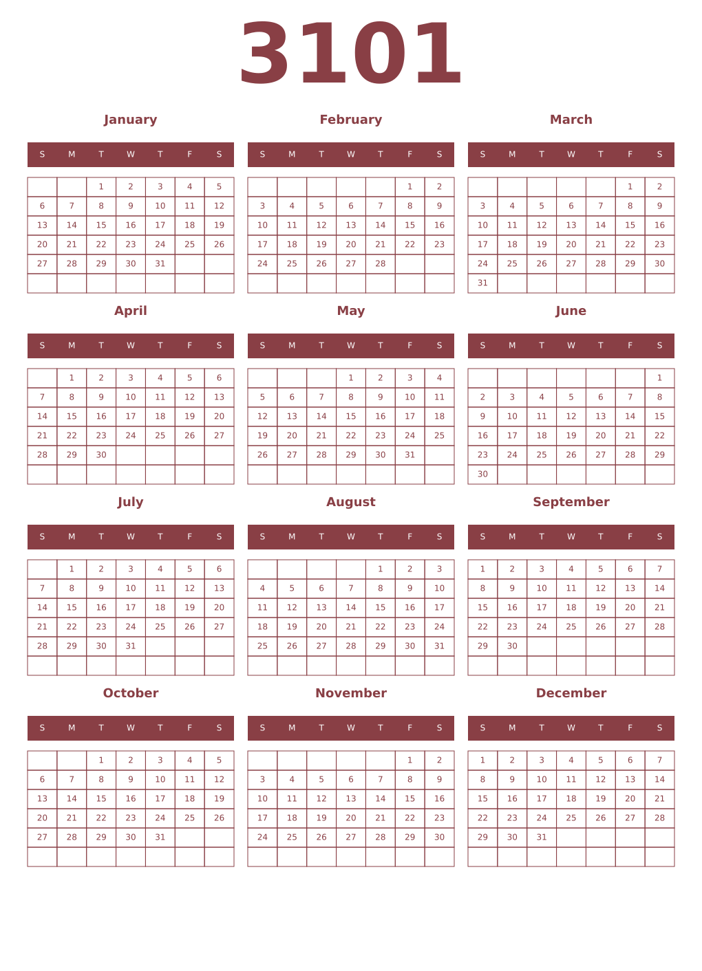 Printable 3101 Year Calendars cordovan