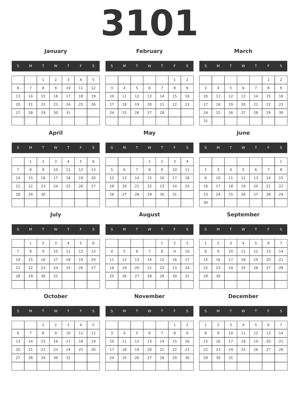 Printable 3101 Year Calendars dark