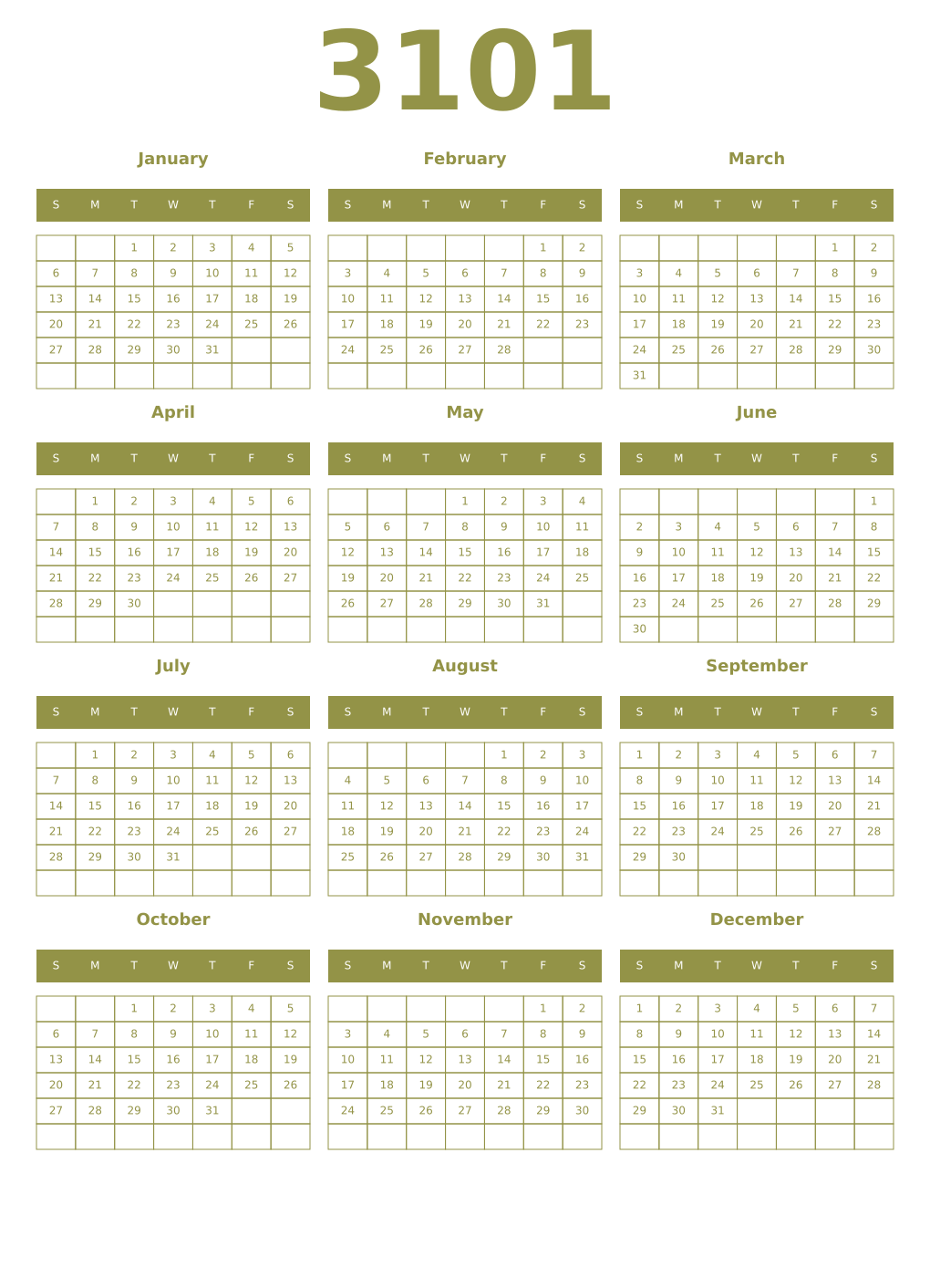 Printable 3101 Year Calendars eburnean
