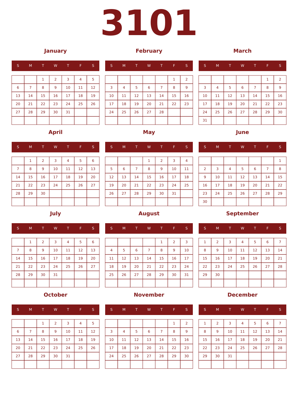 Printable 3101 Year Calendars falu