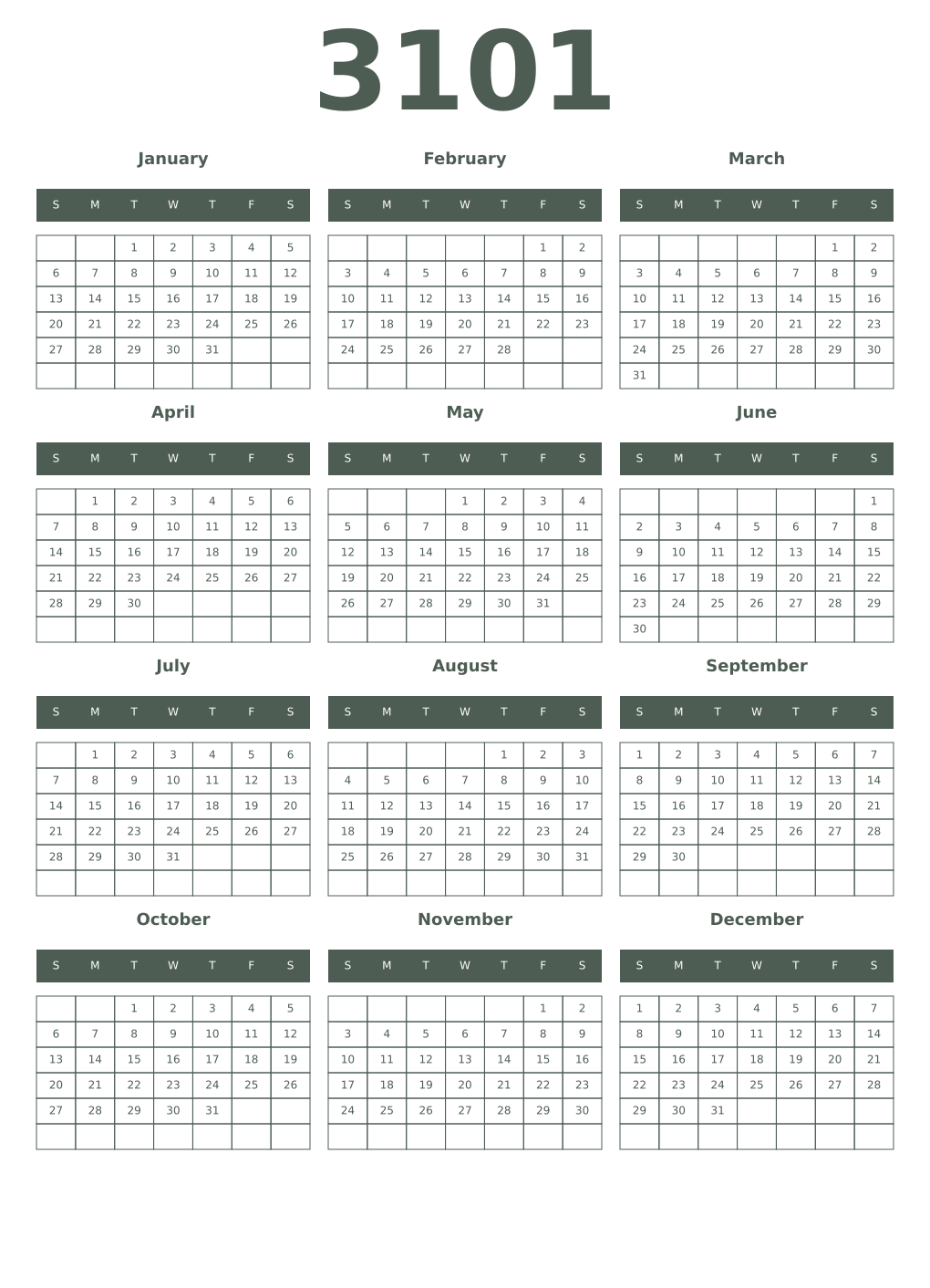 Printable 3101 Year Calendars feldgrau