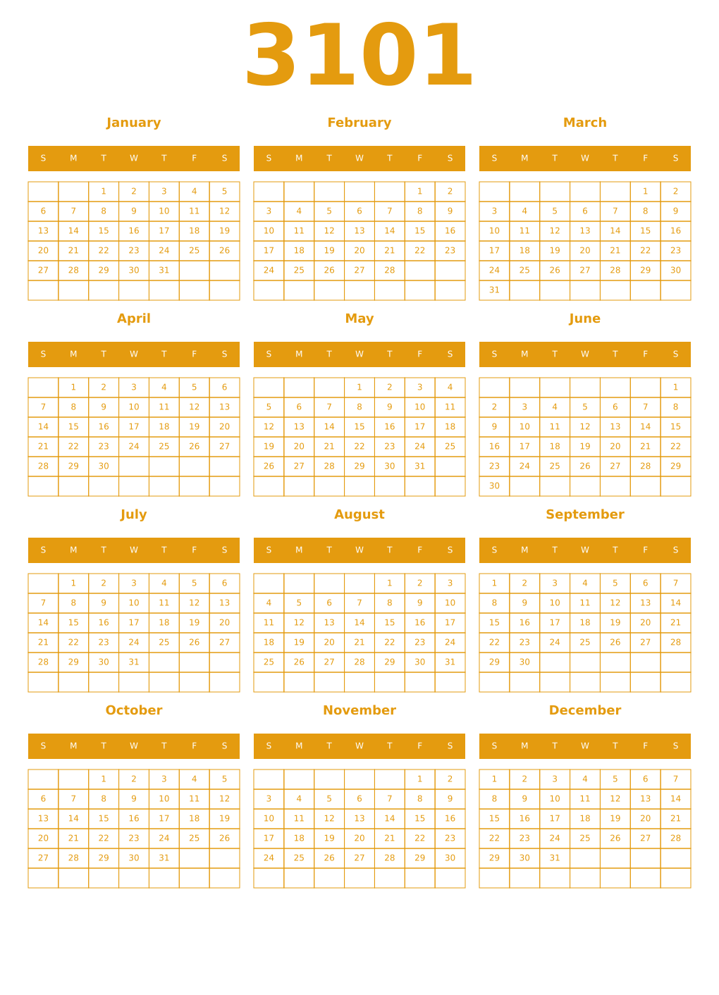 Printable 3101 Year Calendars gamboge