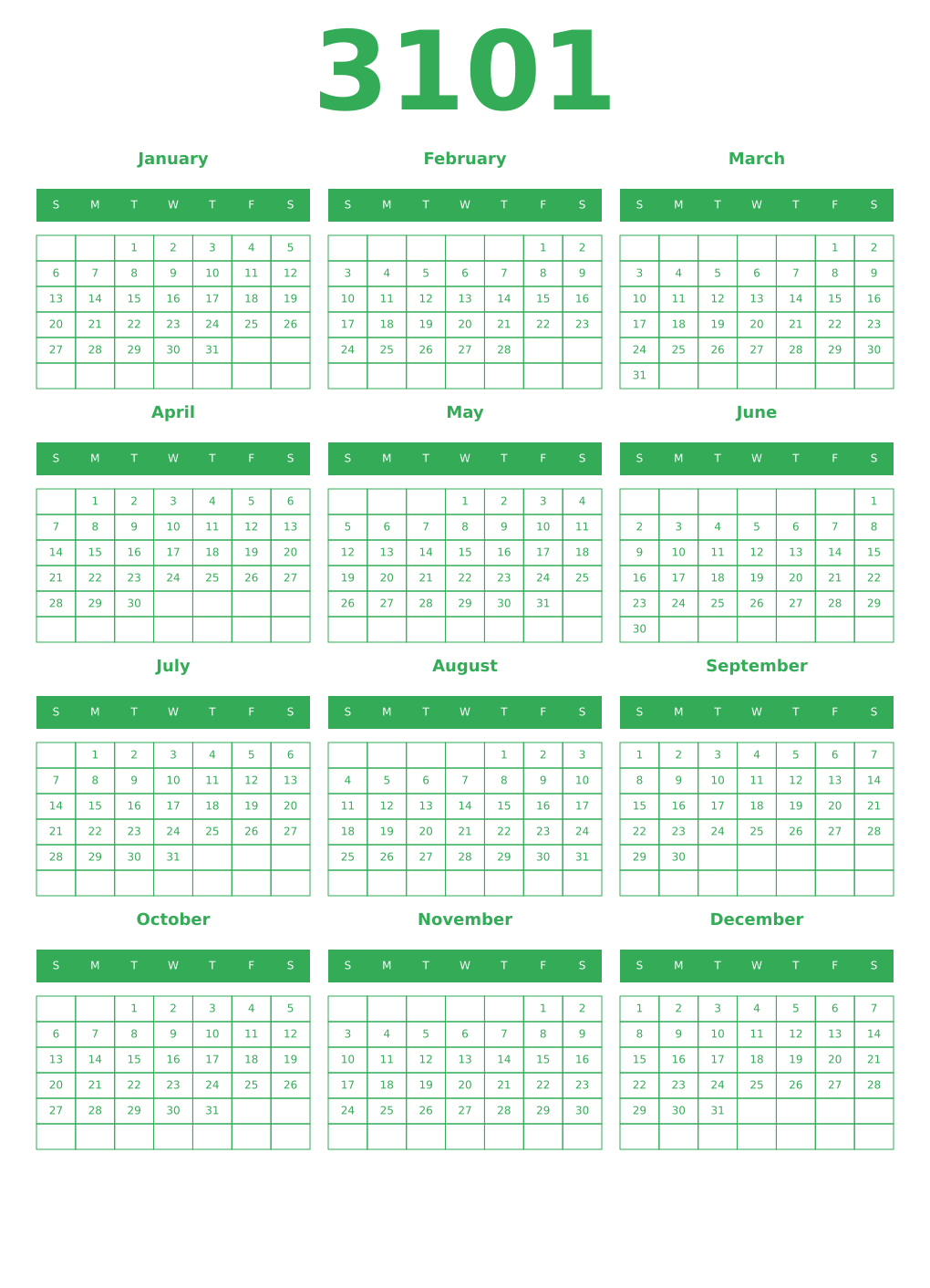 Printable 3101 Year Calendars green