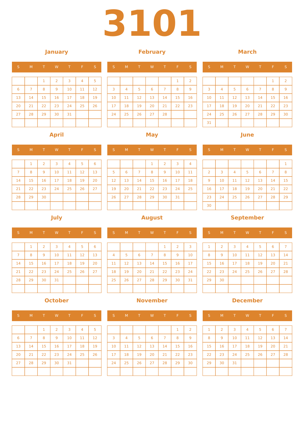 Printable 3101 Year Calendars orange