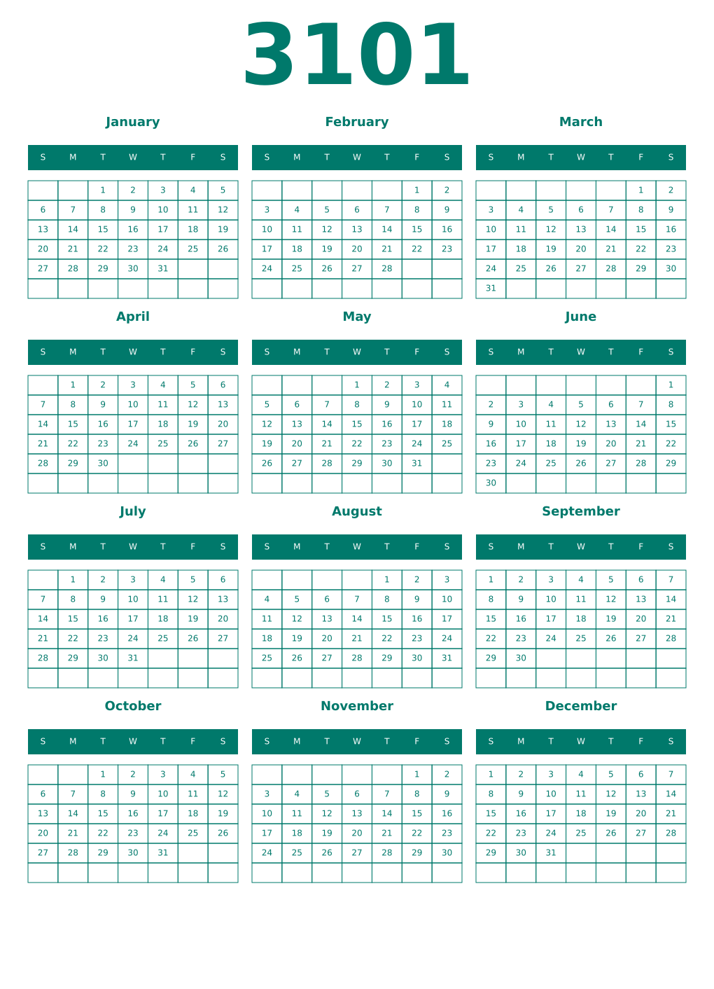 Printable 3101 Year Calendars pastel
