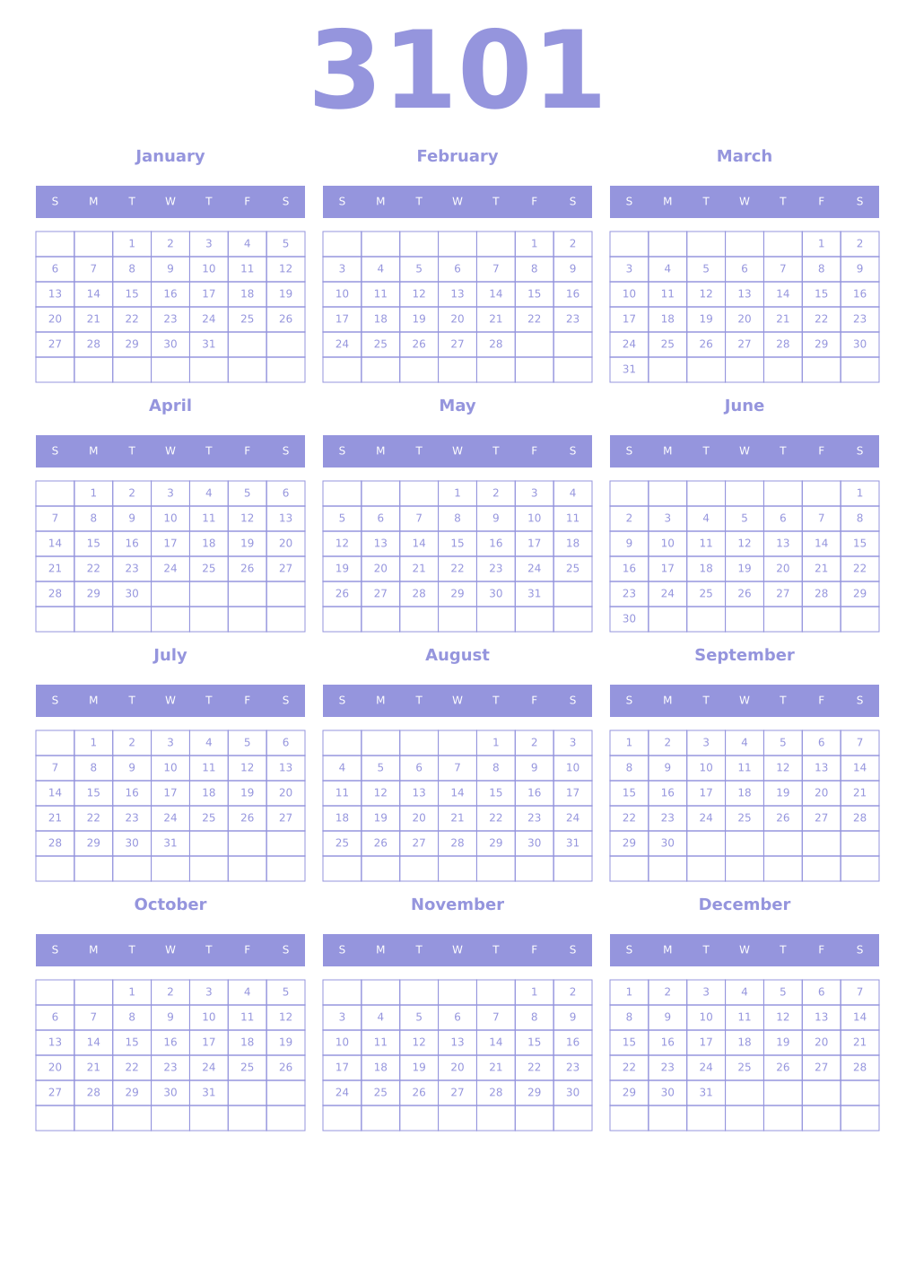 Printable 3101 Year Calendars periwinkle