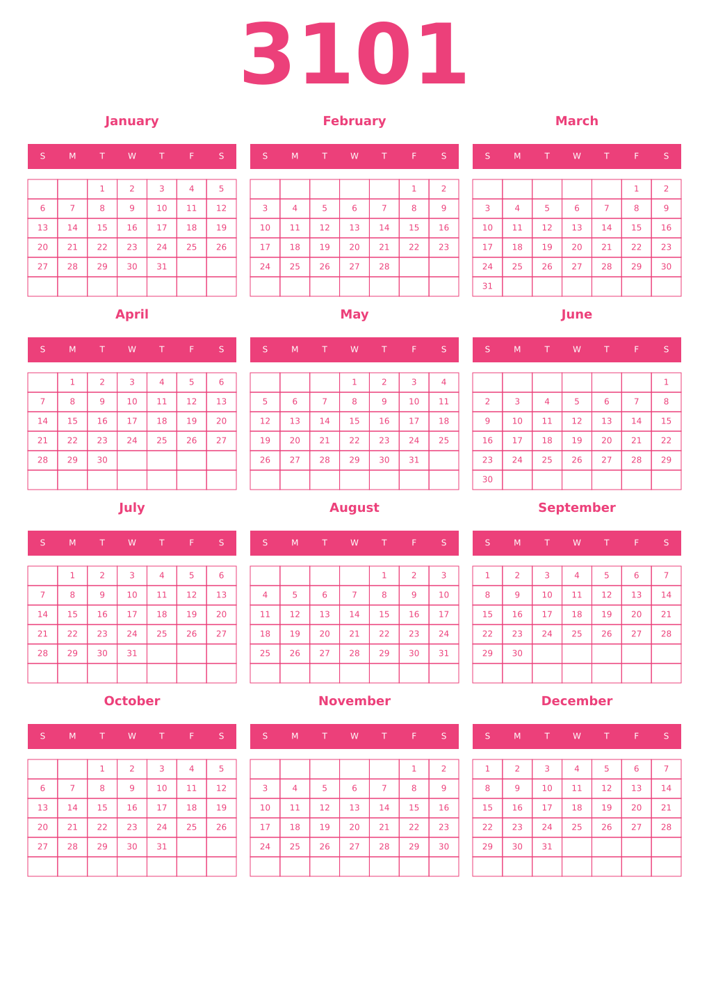 Printable 3101 Year Calendars pink