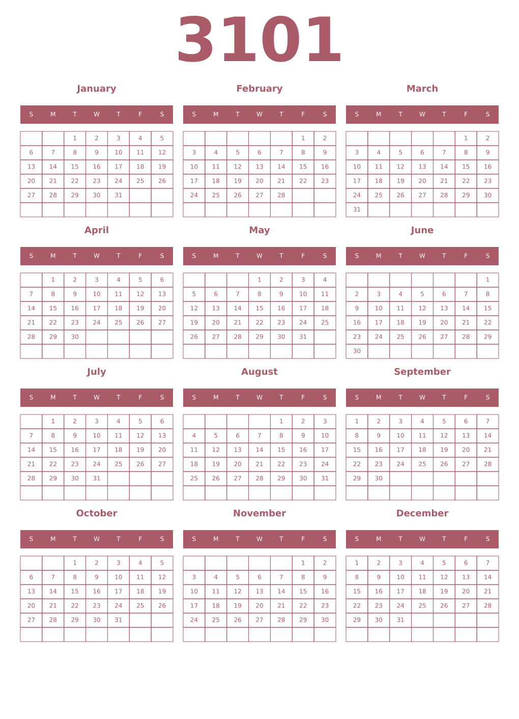 Printable 3101 Year Calendars puce
