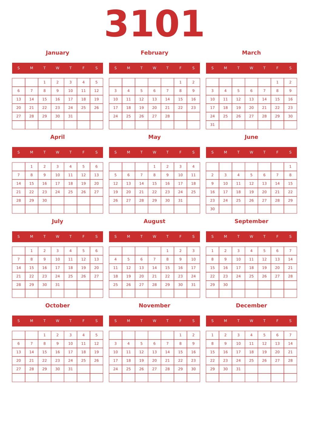 Printable 3101 Year Calendars red