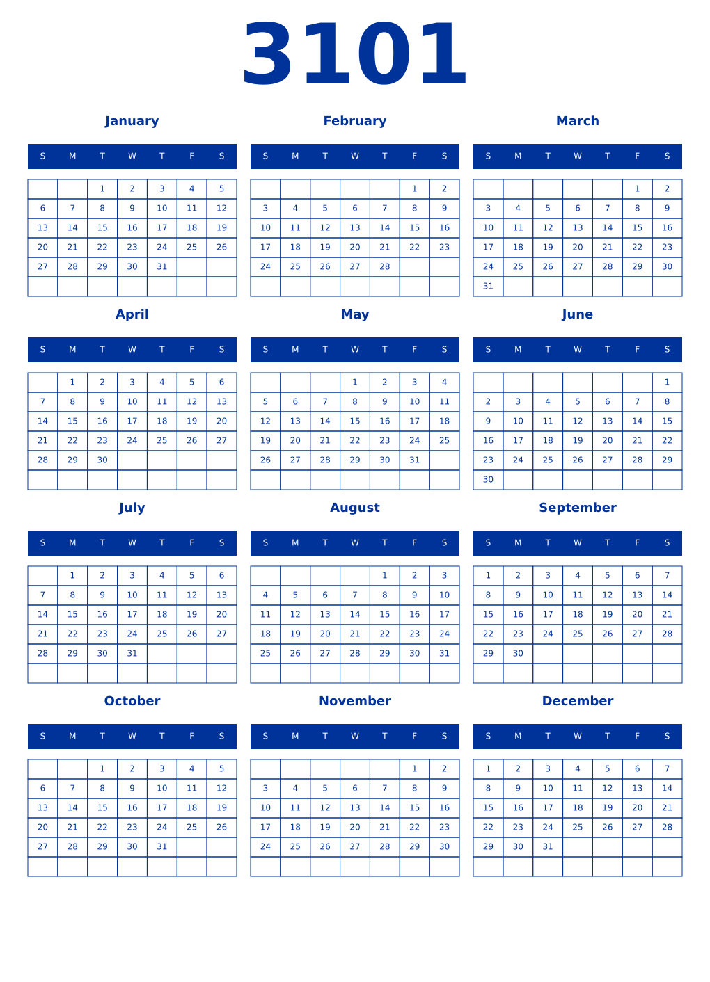 Printable 3101 Year Calendars smalt