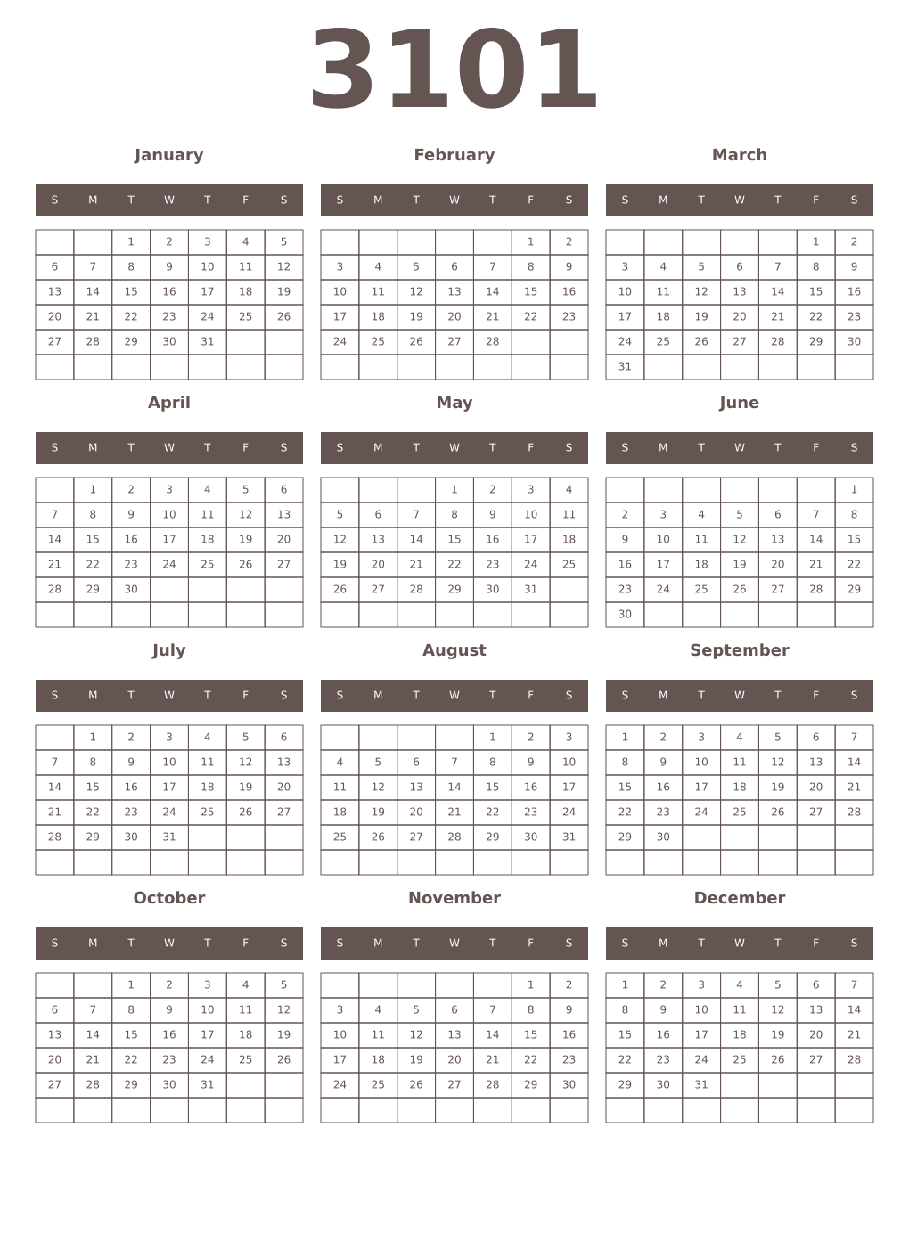 Printable 3101 Year Calendars wenge
