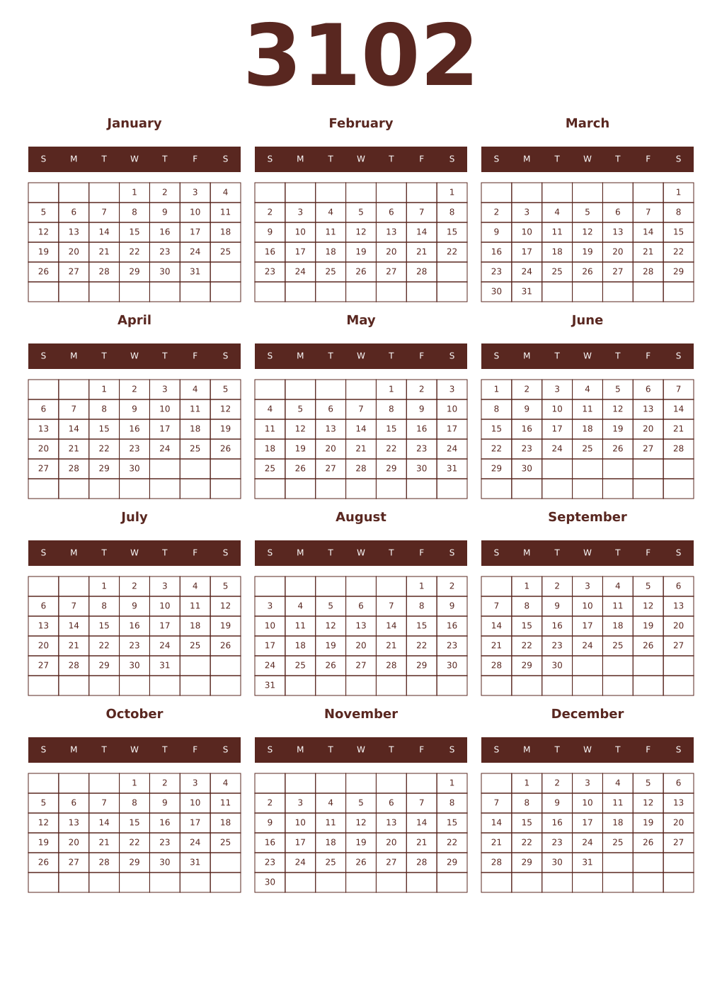 Printable 3102 Year Calendars mortuum