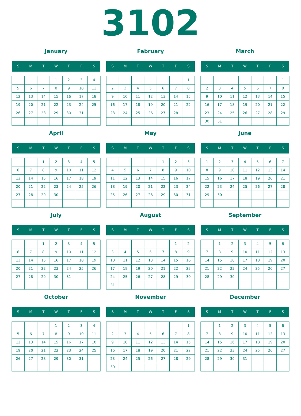 Printable 3102 Year Calendars pastel