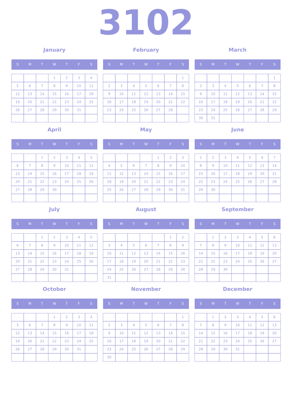 Printable 3102 Year Calendars periwinkle