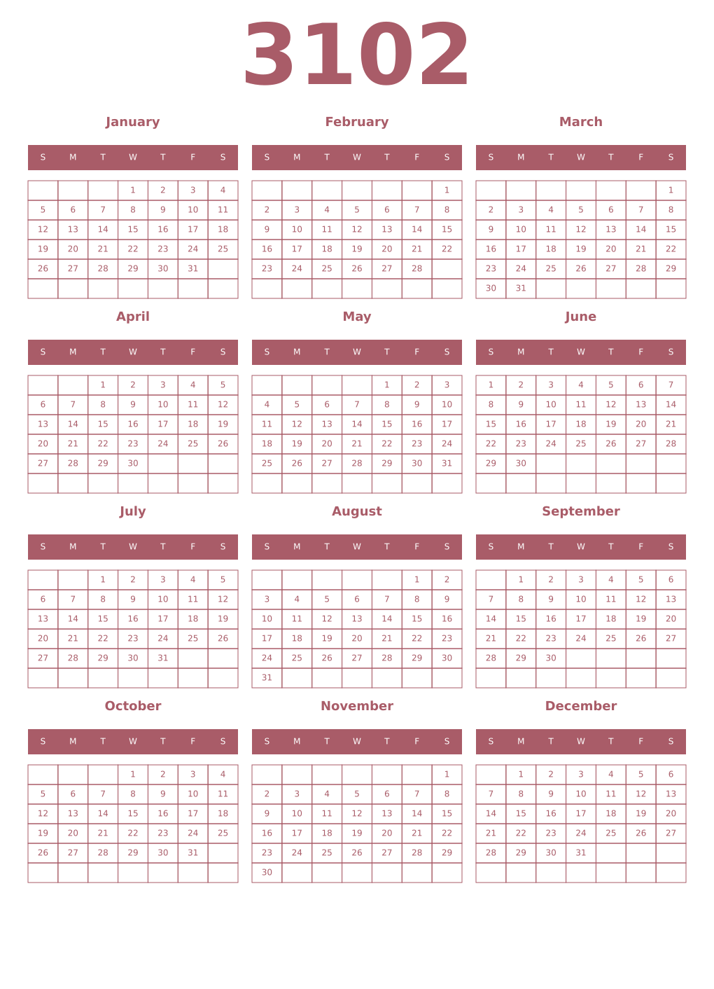 Printable 3102 Year Calendars puce