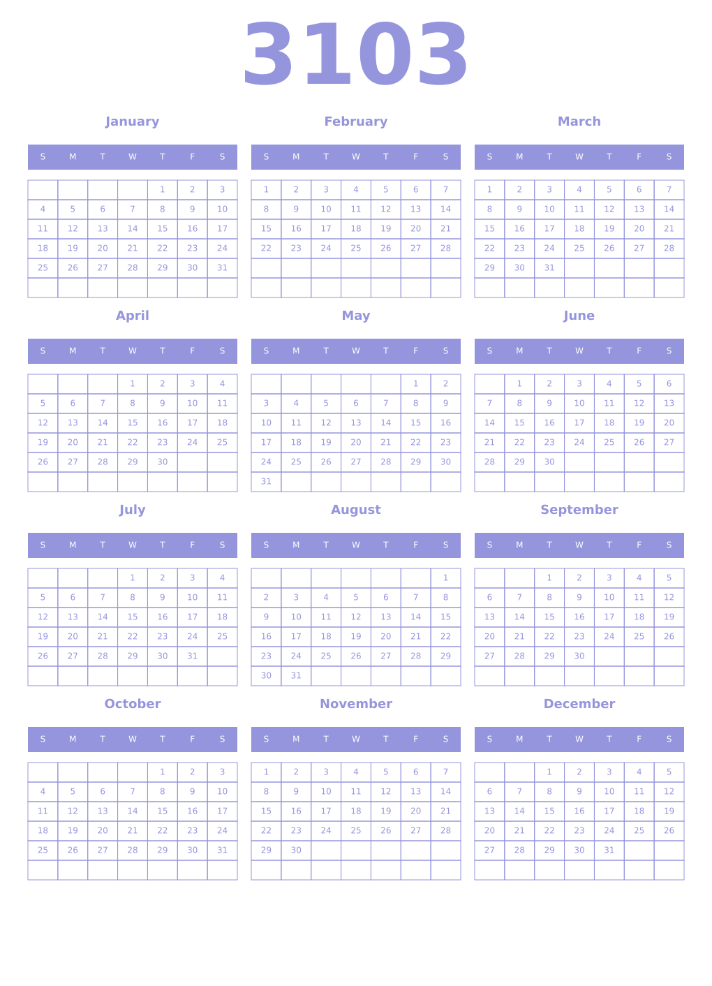 Printable 3103 Year Calendars periwinkle