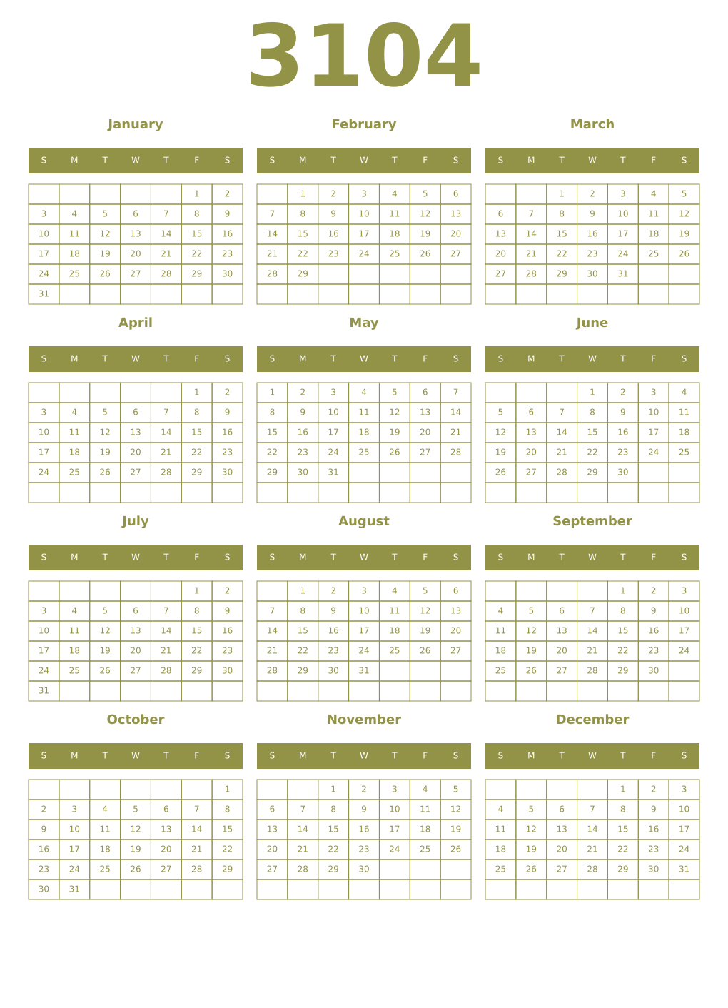 Printable 3104 Year Calendars eburnean
