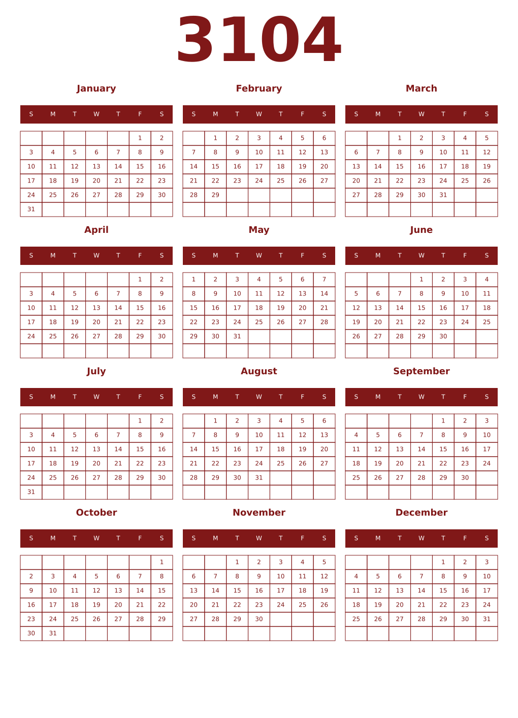 Printable 3104 Year Calendars falu