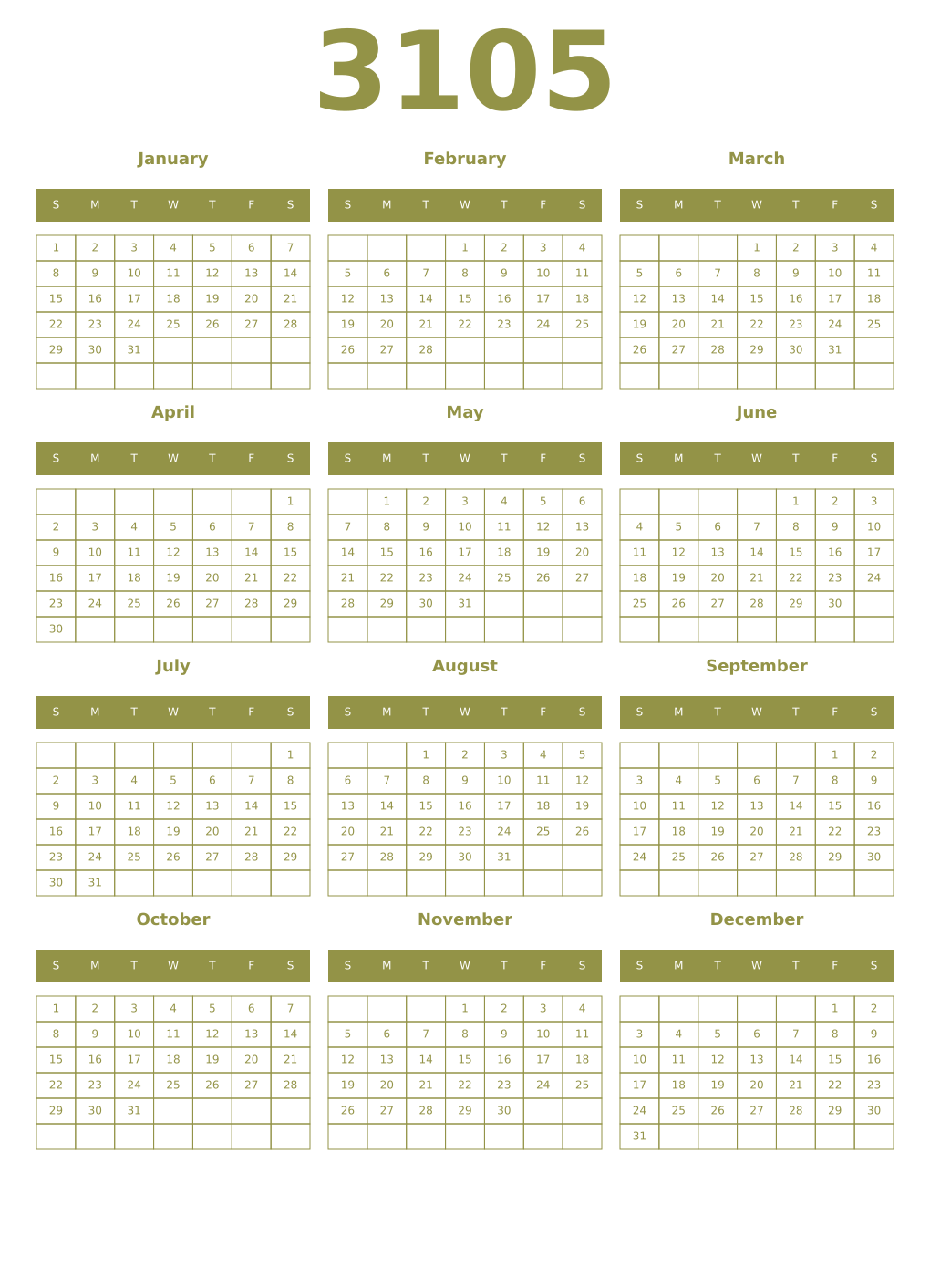Printable 3105 Year Calendars eburnean