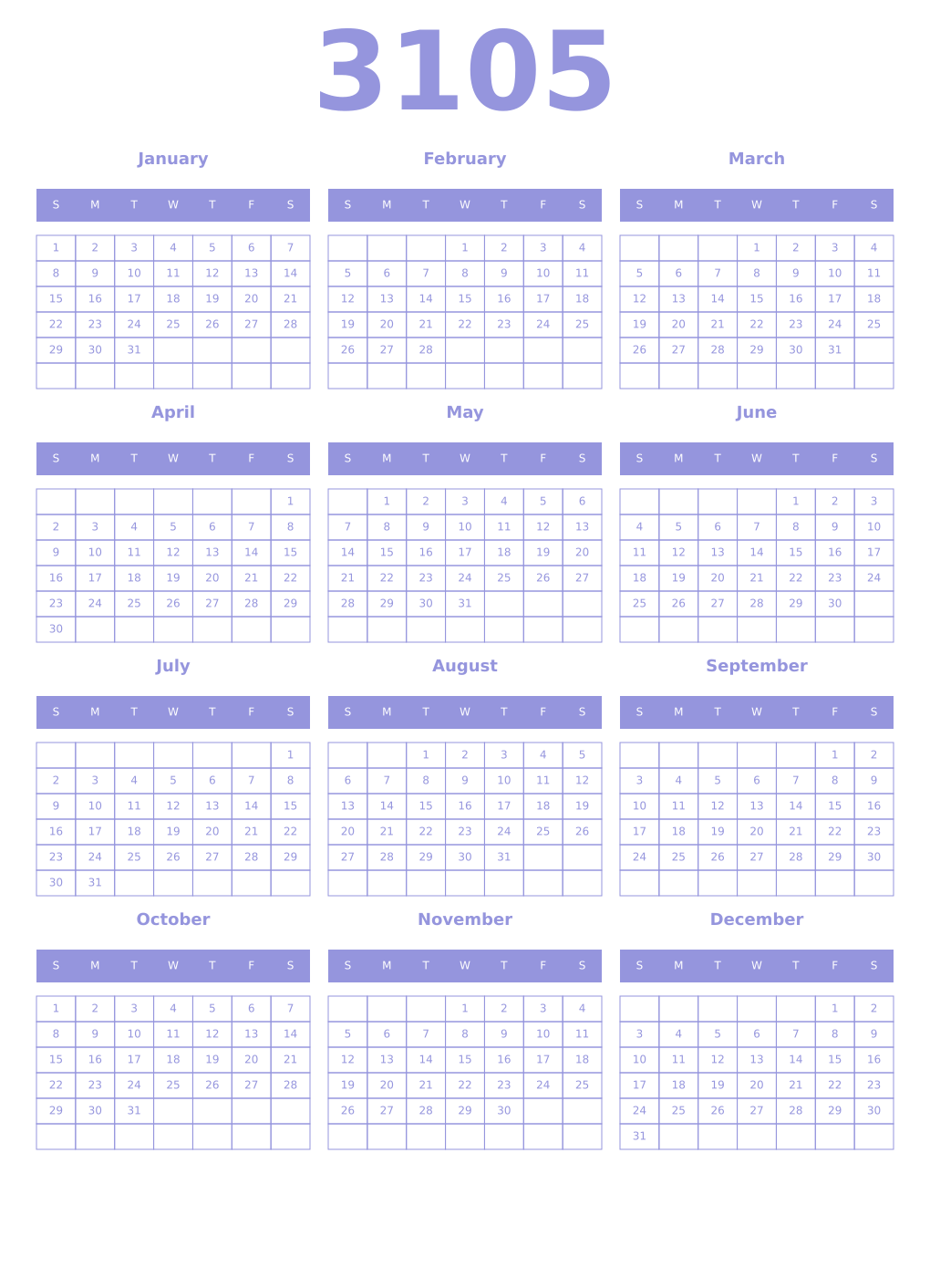 Printable 3105 Year Calendars periwinkle
